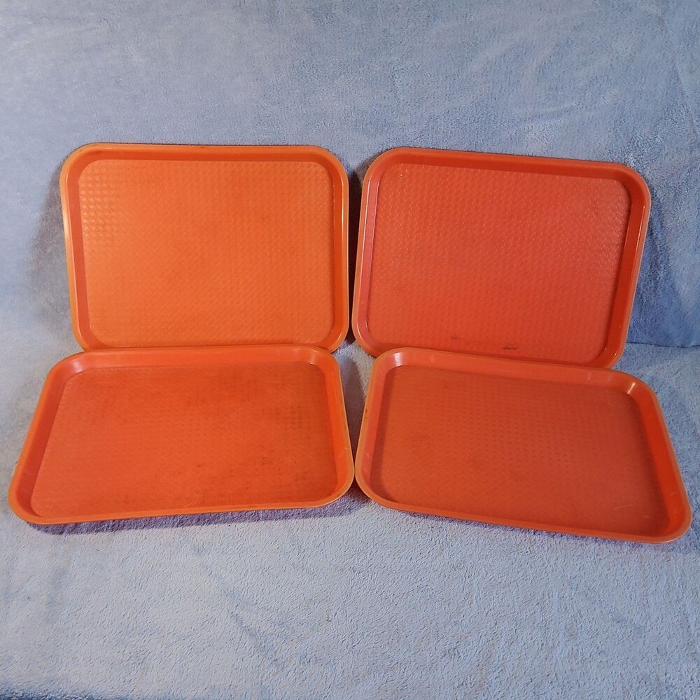 (4) Vintage Orange Cafeteria Lunch Trays Buffalo Trays Made in USA 14"x11"x1"